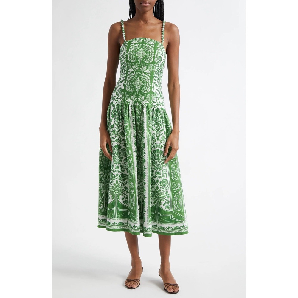 NWOT FARM RIO Green Delicate Tapestry Euroflax 100% Linen Midi Dress Womens XS